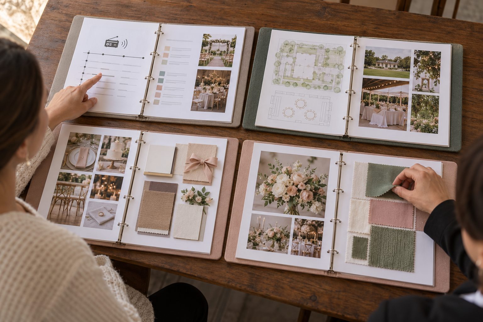 Four open wedding-planning folios form a clear progression from a radio and event timeline to venue