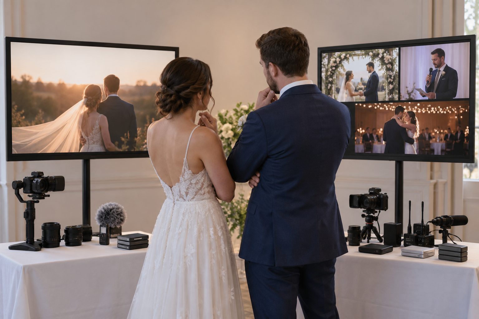 An engaged couple stands between two side-by-side screening displays, one playing a short wedding montage and