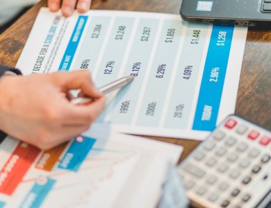 Close-up of financial documents with charts and a calculator used for business analysis.