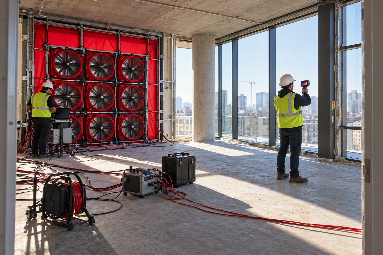 Inside an unfinished commercial building, two commissioning specialists oversee a temporary airtightness fan array while one