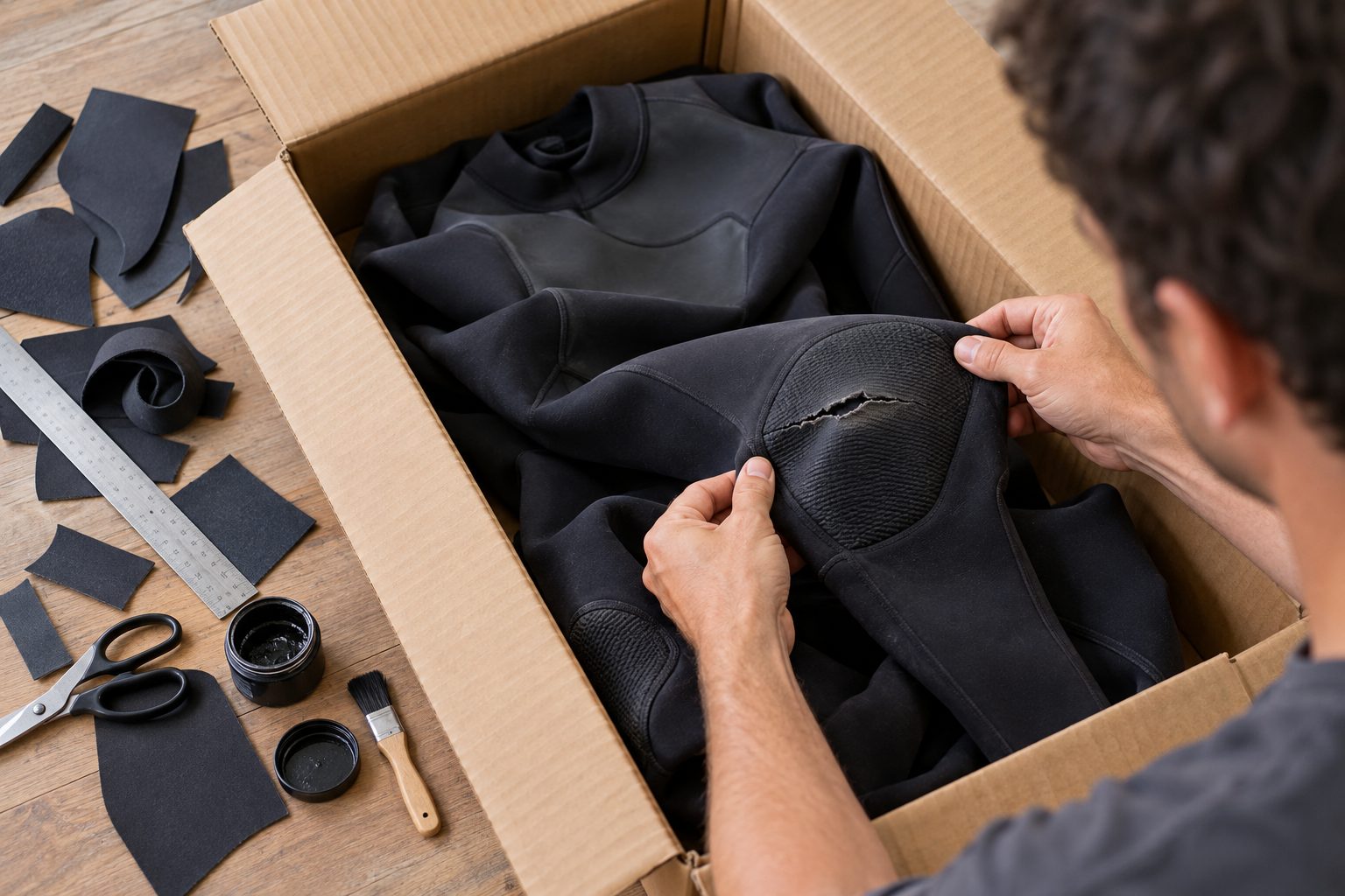 An opened shipping carton holds a damaged wetsuit while a repairer stretches the torn knee panel