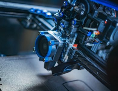 Detailed view of a high-tech 3D printer mechanism showcasing precision engineering.