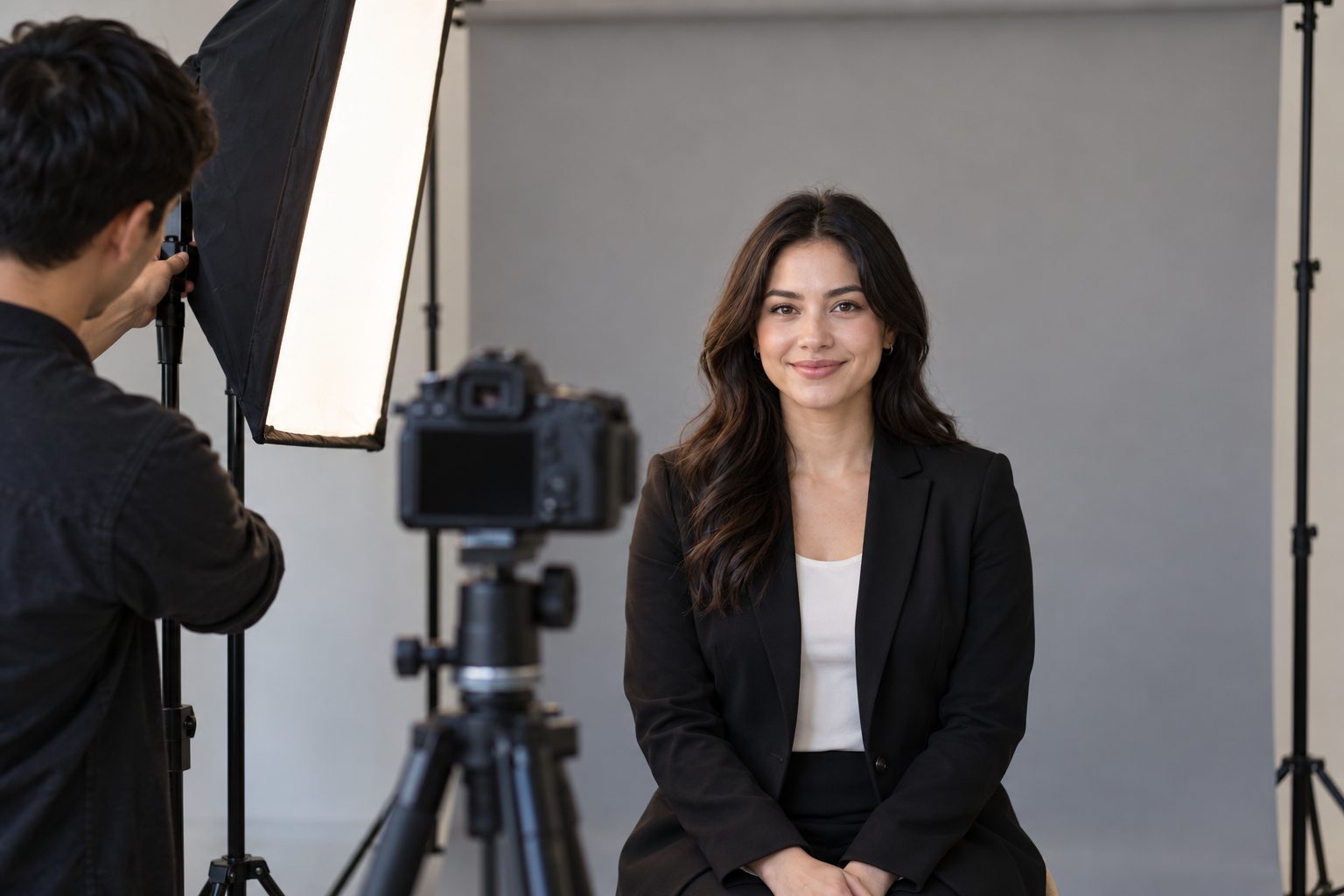 An employee in business attire faces a professional camera against a neutral backdrop while a photographer