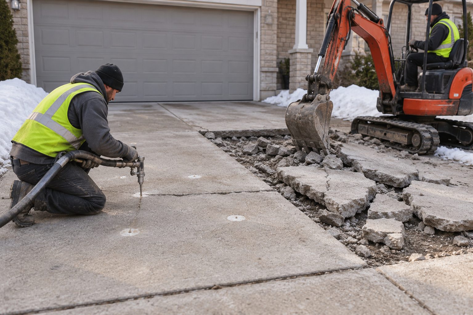 On a residential driveway, one contractor injects lifting material beneath a settled but intact slab while