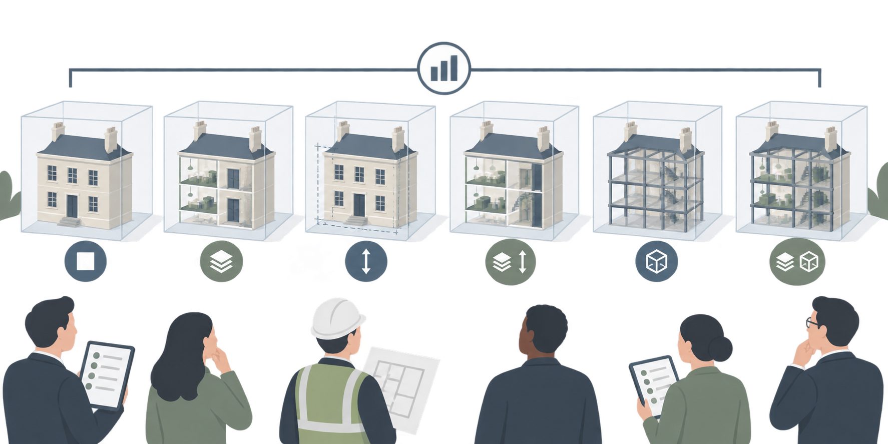 Six transparent survey cubes stand in a row, each enclosing the same building but revealing different