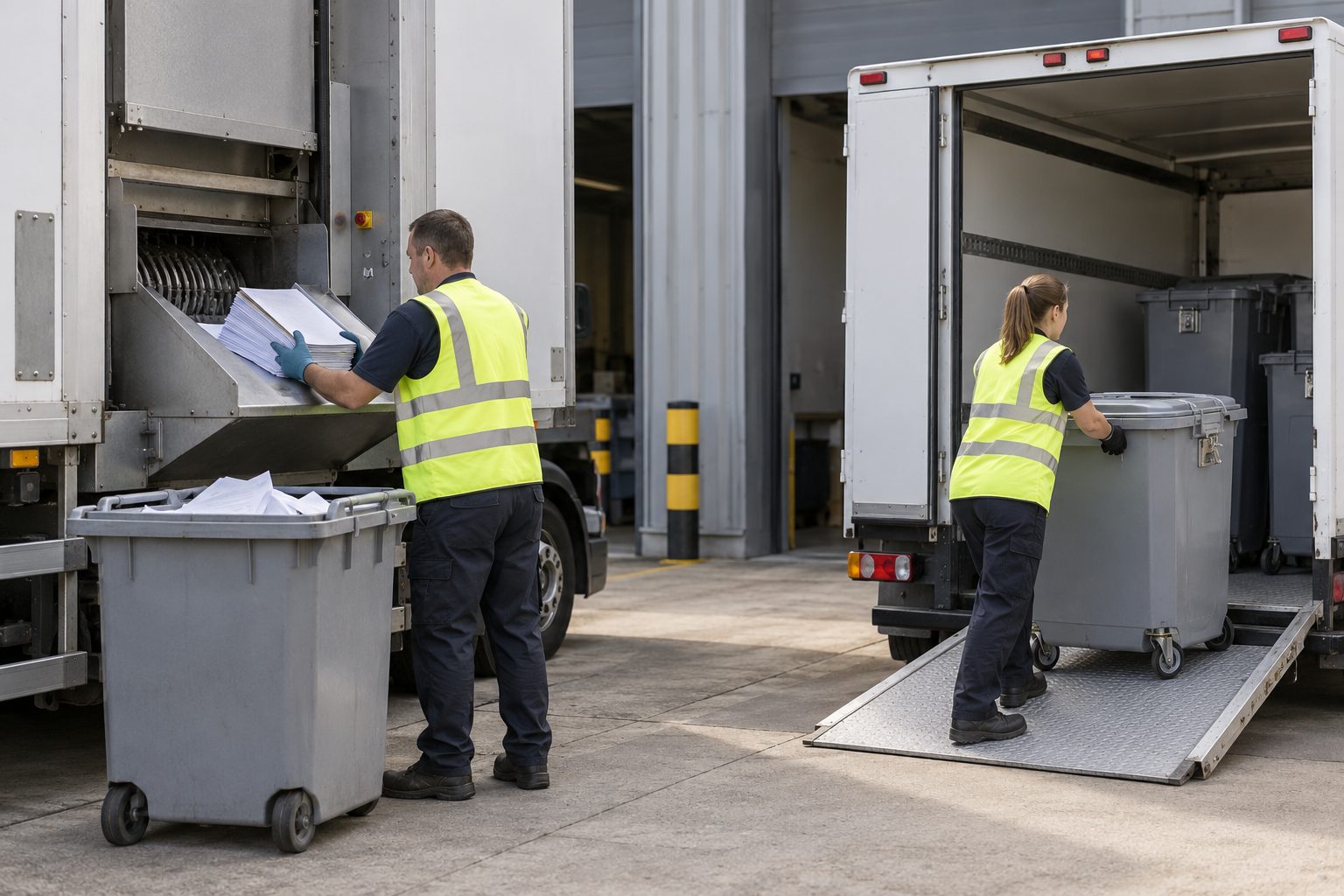 At adjacent office loading bays, one worker feeds confidential files into a mobile shredding unit while