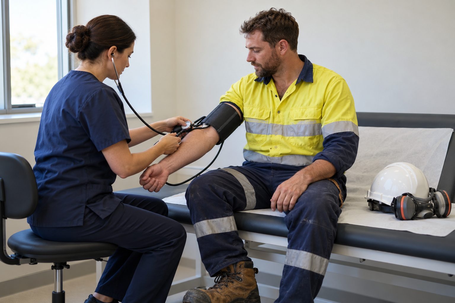 In a medical clinic, an occupational health clinician checks the blood pressure of a job candidate