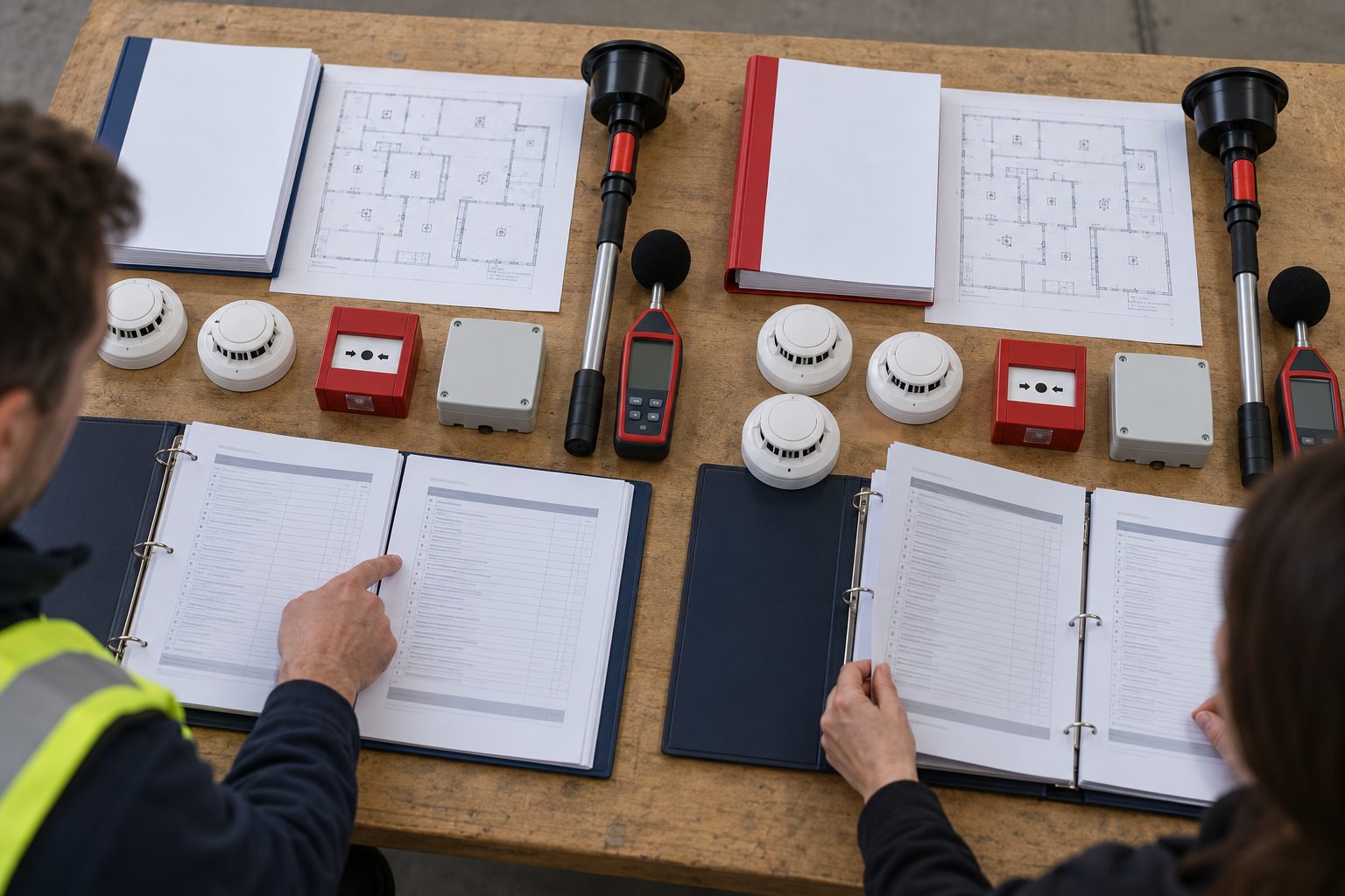 Two complete fire alarm commissioning proposal packs lie side by side on a workbench, each paired